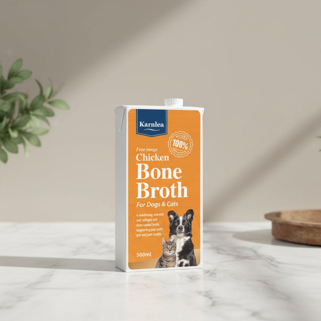 Karnlea Chicken Bone Broth packaging for dogs and cats on an orange background
