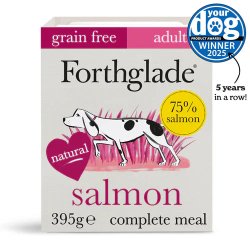 Front view of Forthglade Salmon Complete Grain-Free Wet Dog Food tray, highlighting 75% salmon content and clean, natural ingredients.