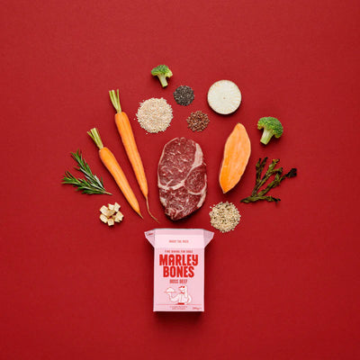 Marleybones Boss Beef dog food packaging with natural ingredients like British beef, carrots, and superfoods.