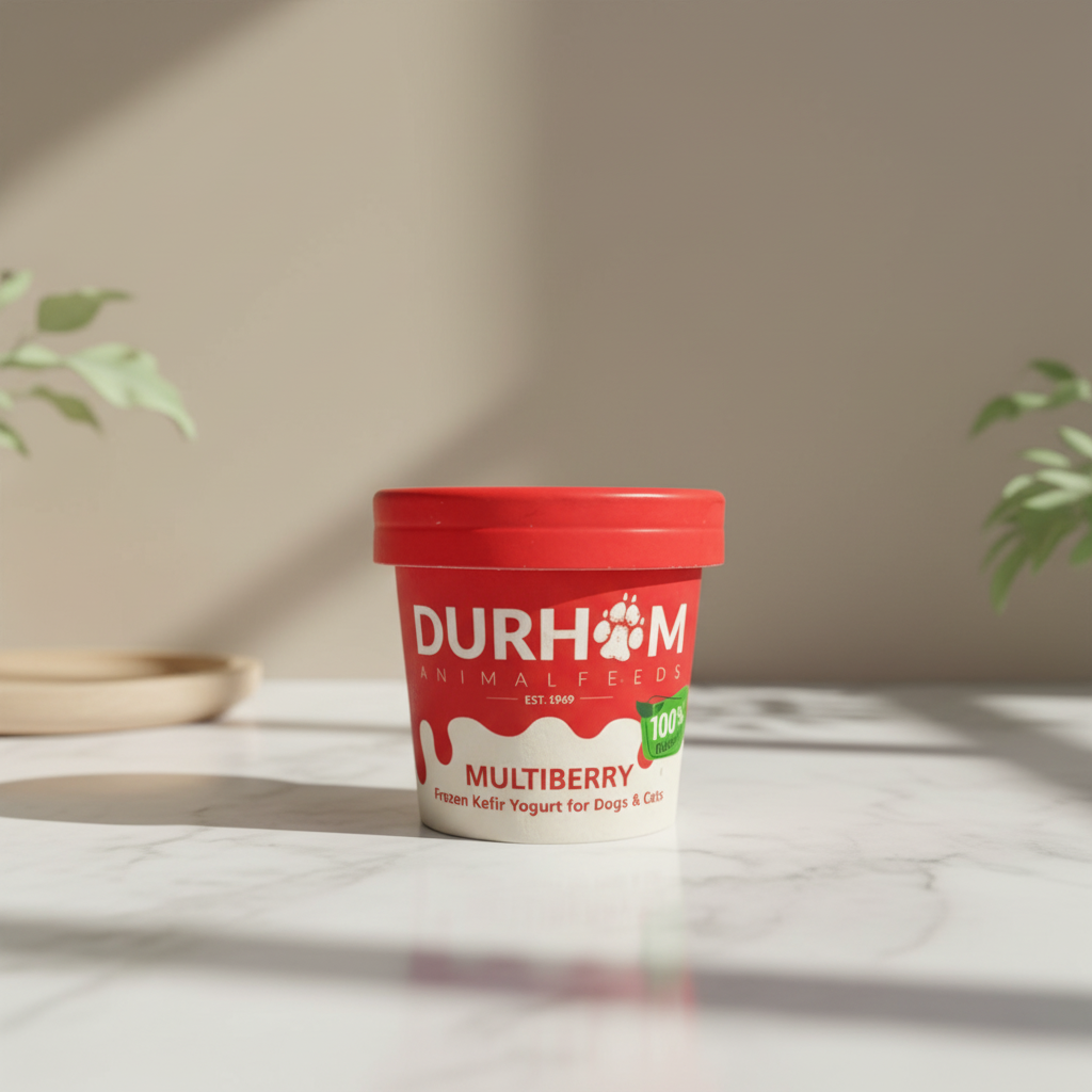 A plastic container of Durham Animal Feeds Organic Kefir Yogurt for Dogs & Cats with a red lid and multiberry flavor label.