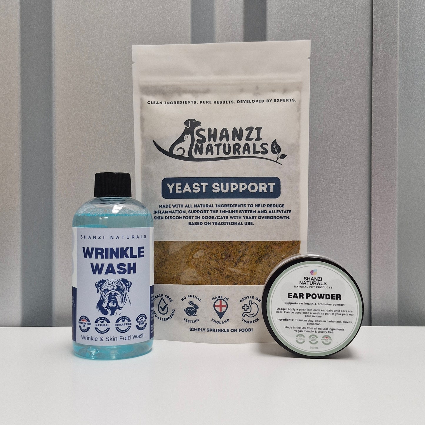 Shanzi Naturals Yeast Support Bundle – Powder, Wrinkle Wash & Ear Care