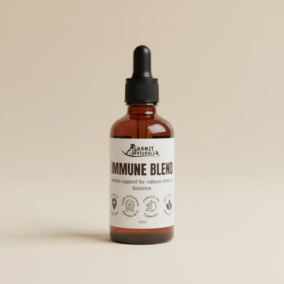 Bottle of immune blend with a dropper on a beige background