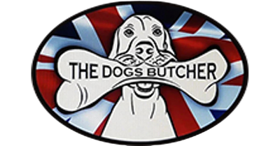 Logo for 'The Dogs Butcher' with a dog holding a bone and British flag design.