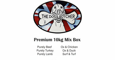 Logo for 'The Dogs Butcher' with a dog holding a bone and British flag design.