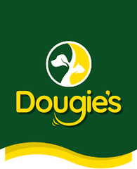 logo for dougies raw dog food on a green background