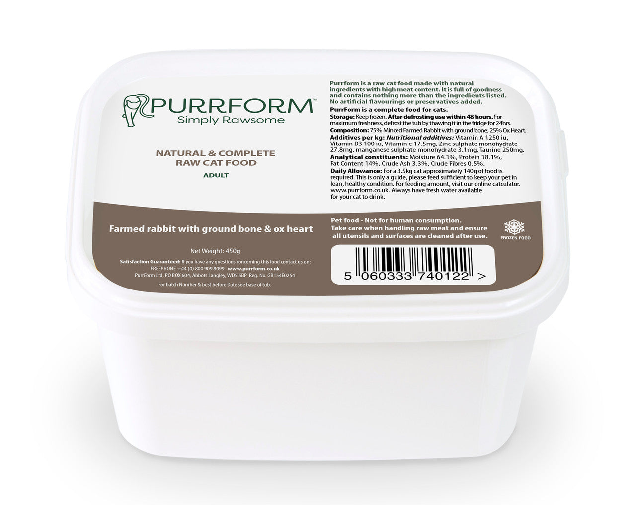 Purrform Farmed Rabbit with Ground Bone & Ox Heart - 450g