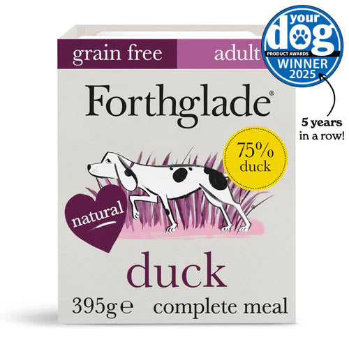 Front of Forthglade Duck Complete dog food packaging showing 75% duck content and natural, grain-free claim.