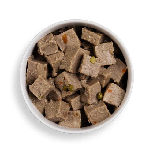 Close-up of Forthglade duck wet dog food in a bowl, showing natural, chunky texture and grain-free ingredients.