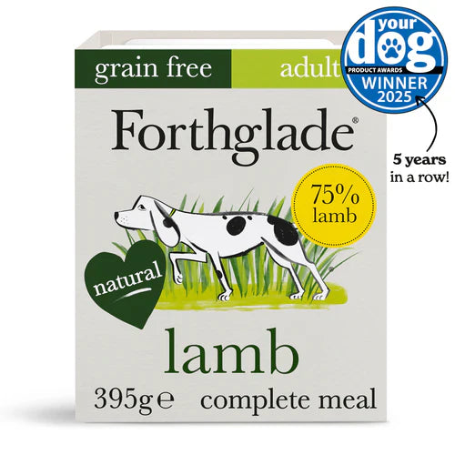 Front view of Forthglade Grain-Free Lamb Complete dog food packaging, highlighting 75% lamb and natural ingredients.