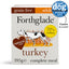 Front view of Forthglade Grain-Free Turkey Complete dog food pack, showing 75% turkey and natural nutrition claims.