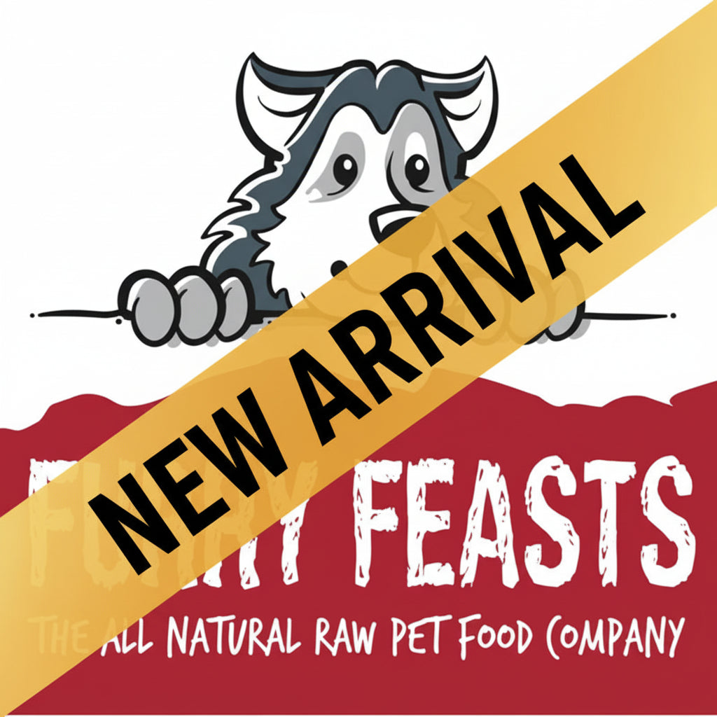 Logo of Furry Feasts, an all natural raw pet food company, featuring a cartoon dog on a white background.