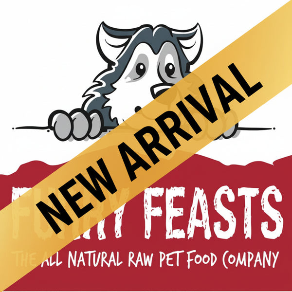 Logo of Furry Feasts, an all natural raw pet food company, featuring a cartoon dog on a white background.