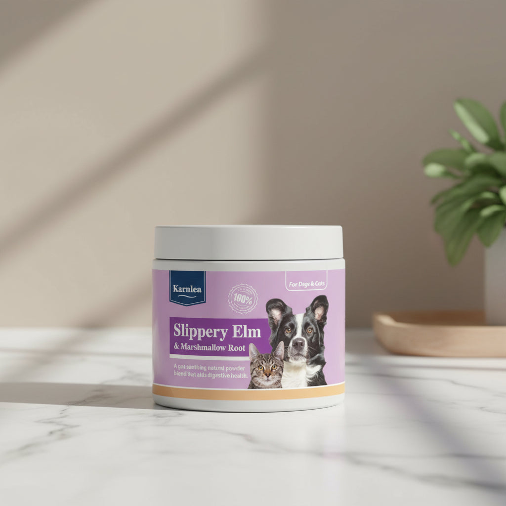 Karnlea Slippery Elm & Marshmallow Root product container for dogs and cats on a white background