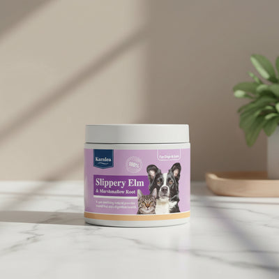 Karnlea Slippery Elm & Marshmallow Root product container for dogs and cats on a white background