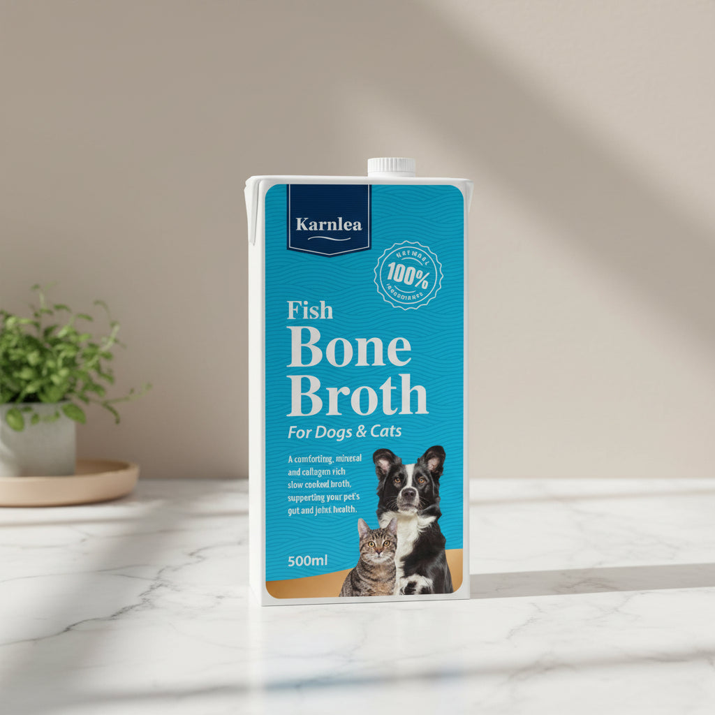 Karnlea Fish Bone Broth packaging for dogs and cats on a white background