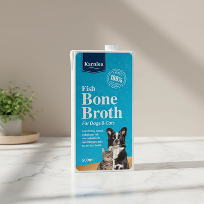 Karnlea Fish Bone Broth packaging for dogs and cats on a white background