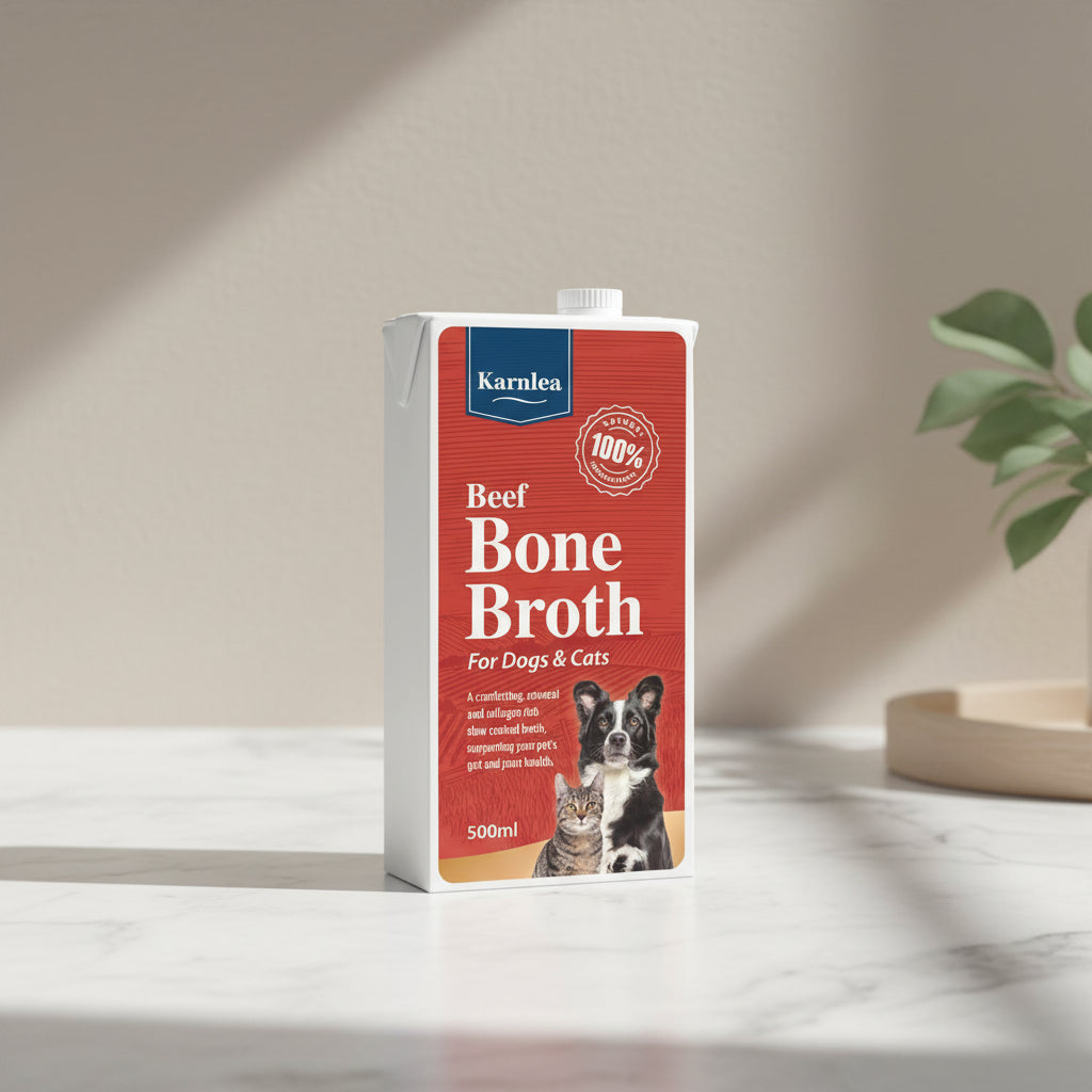 Karnlea Beef Bone Broth packaging for dogs and cats on a white background
