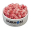 A bowl of DURHAM brand animal feed, predominantly consisting of minced beef.