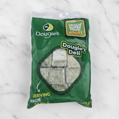 Green bag of Dougies Deli with text and branding