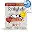 Front view of Forthglade Beef Complete Grain-Free Wet Dog Food showing 75% beef content and natural grain-free formula on the packaging.