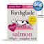 Front view of Forthglade Salmon Complete Grain-Free Wet Dog Food tray, highlighting 75% salmon content and clean, natural ingredients.