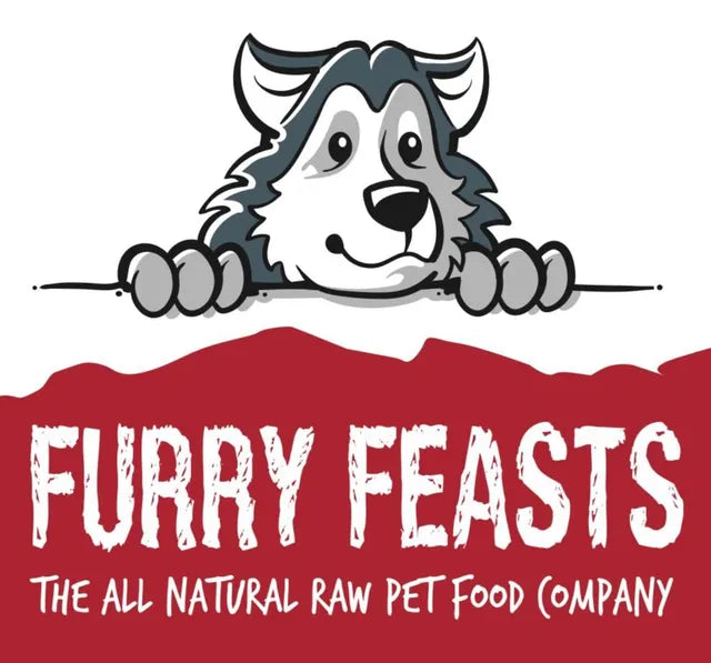 Logo of Furry Feasts, an all natural raw pet food company, featuring a cartoon dog on a white background.