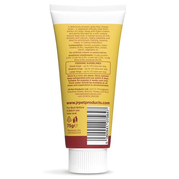 Back of JR Pet Products Cheese Pâté Paste for Dogs 75g showing ingredients, feeding guide and analytical constituents