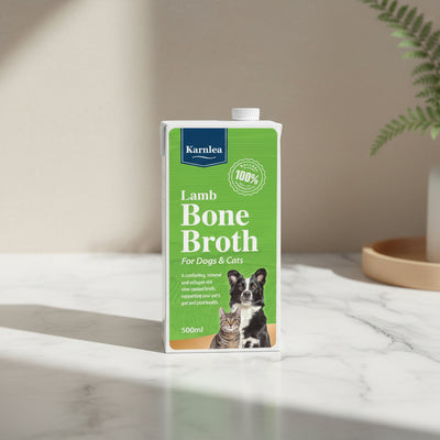 Karnlea Lamb Bone Broth packaging for dogs and cats on a white background