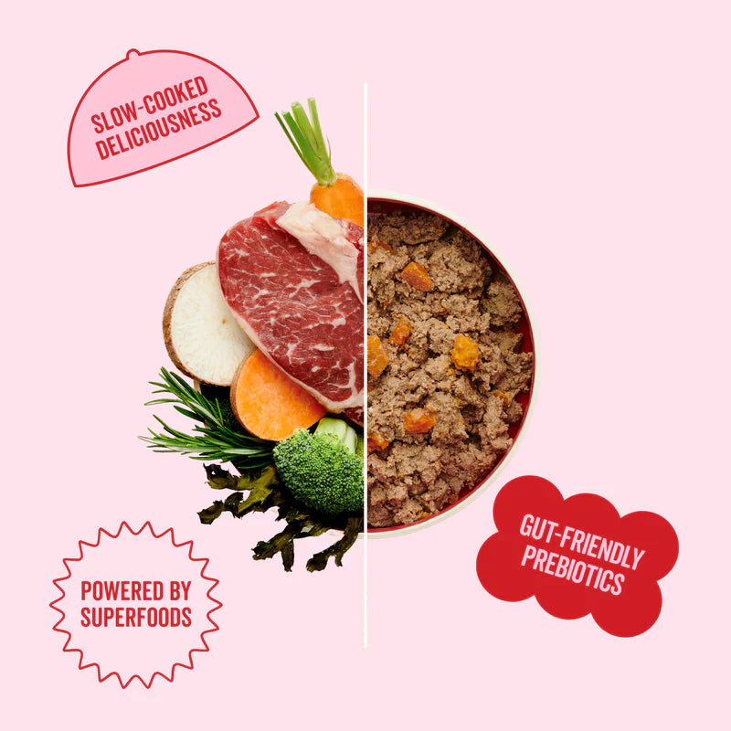 Split image showing raw ingredients and a bowl of Marleybones Boss Beef dog food—natural, grain-free, and vet-approved