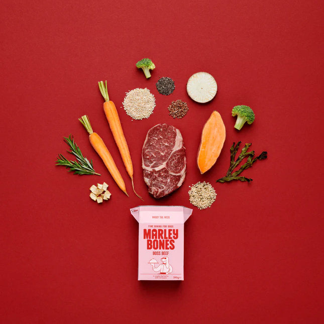 Marleybones Boss Beef dog food packaging with natural ingredients like British beef, carrots, and superfoods.