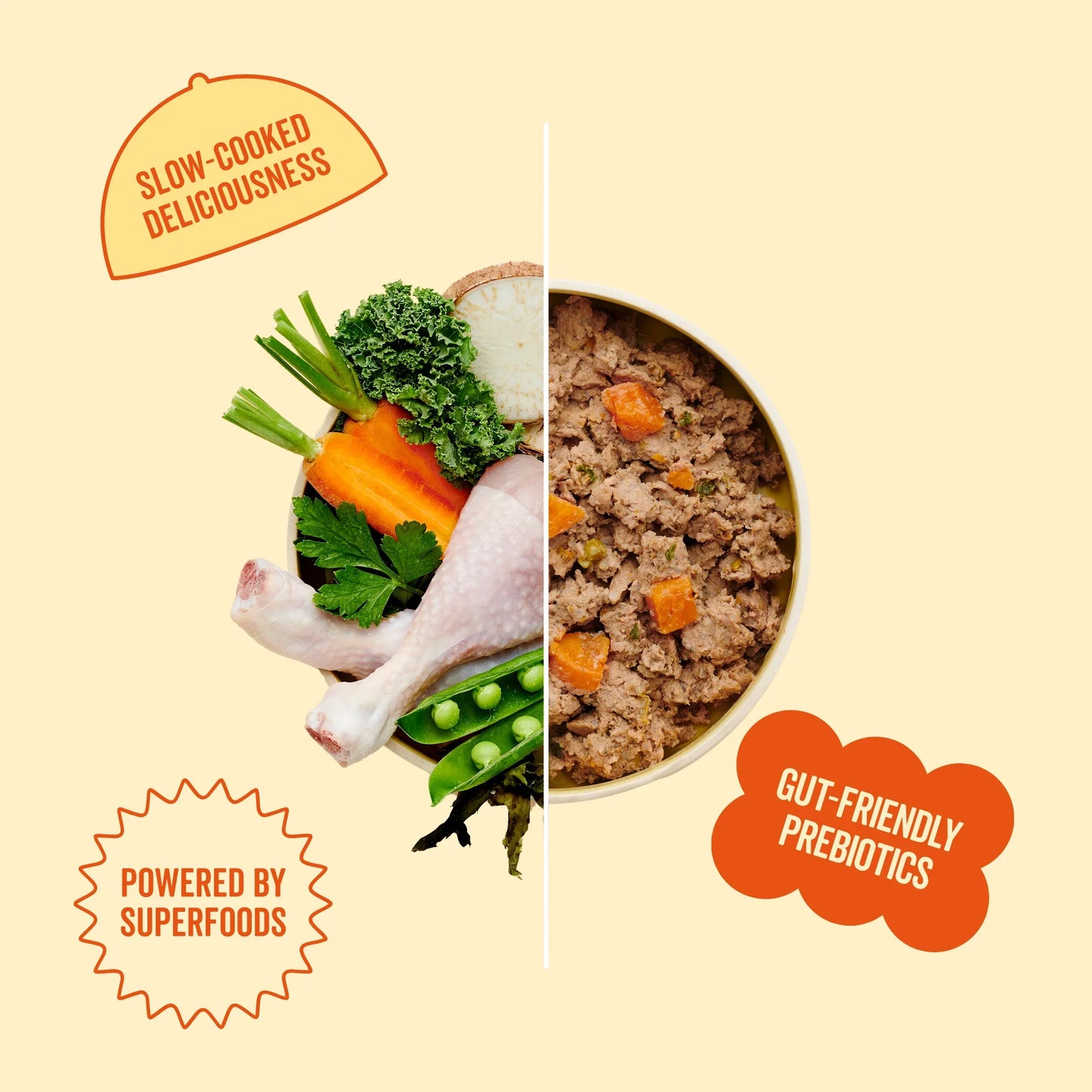 Split image showing raw ingredients and a bowl of Marleybones Chic Chicken dog food—natural, grain-free, and vet-approved.