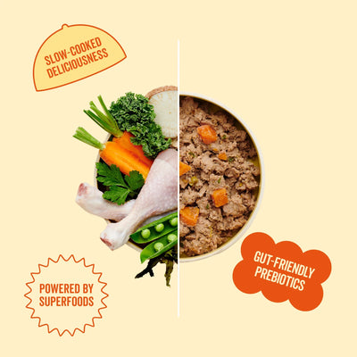 Split image showing raw ingredients and a bowl of Marleybones Chic Chicken dog food—natural, grain-free, and vet-approved.