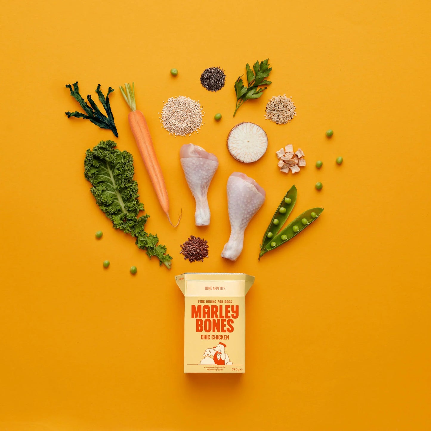 Marleybones Chic Chicken dog food packaging with natural ingredients like British chicken, carrots, and superfoods.