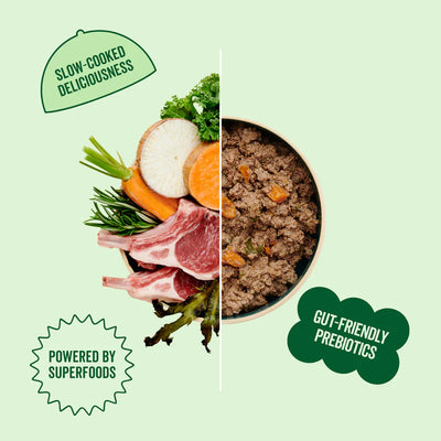 Split image showing raw ingredients and a bowl of Marleybones Lush Lamb dog food—natural, grain-free, and vet-approved.