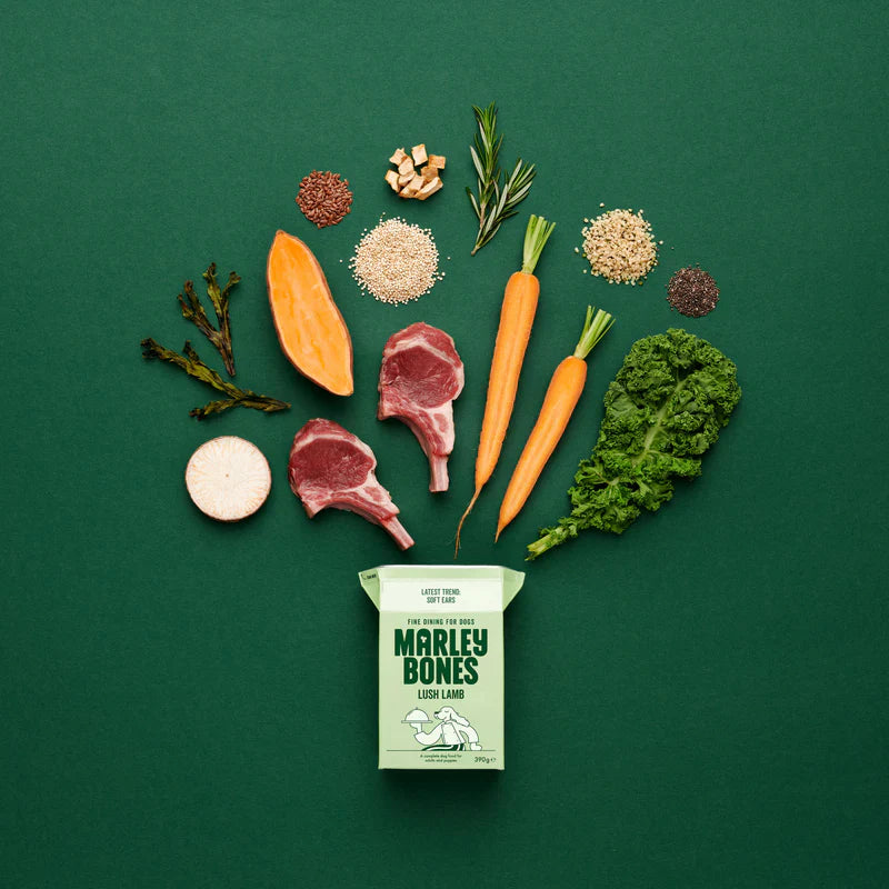 Marleybones Lush Lamb dog food packaging with natural ingredients like British lamb, carrots, and superfoods.