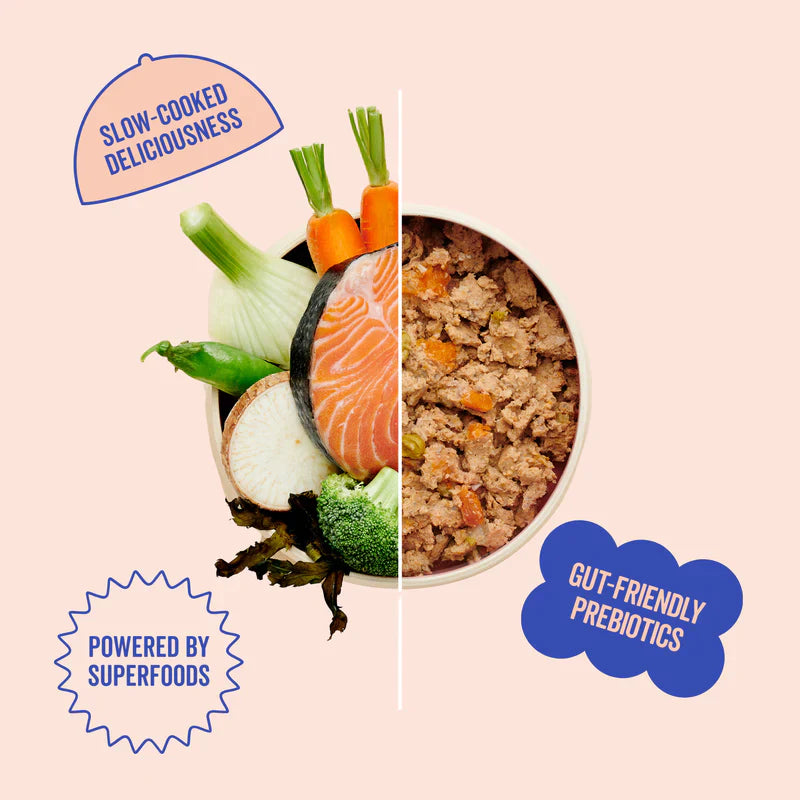 Split image showing raw ingredients and a bowl of Marleybones Salmon & White Fish dog food—natural, grain-free, and vet-approved