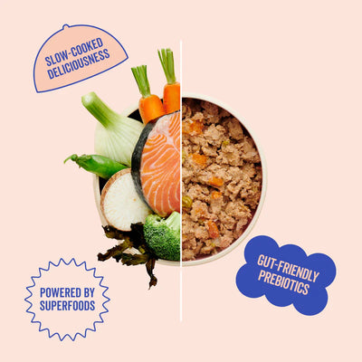 Split image showing raw ingredients and a bowl of Marleybones Salmon & White Fish dog food—natural, grain-free, and vet-approved