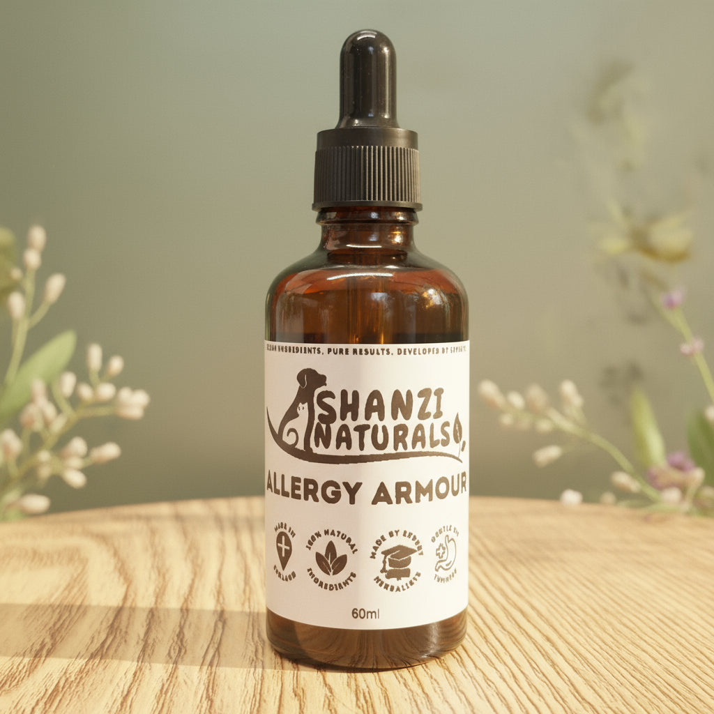 Bottle of Shanzi Naturals Allergy Armoise on a light wooden surface