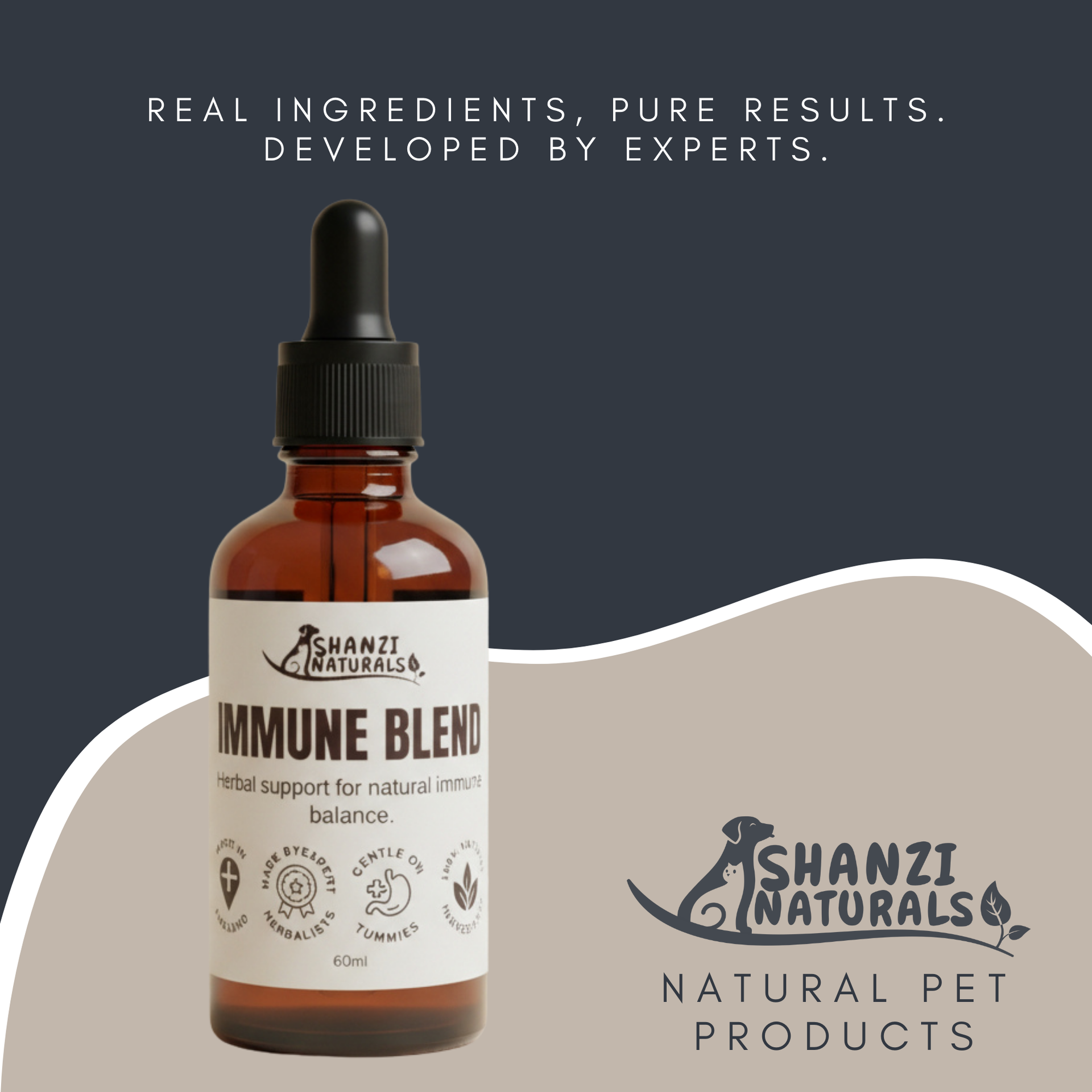 Shanzi Naturals Immune Blend bottle with a dark gray background