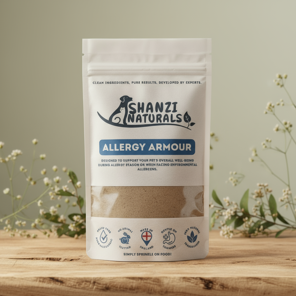 Shanzi Naturals Allergy Armour package on a wooden surface with a beige background
