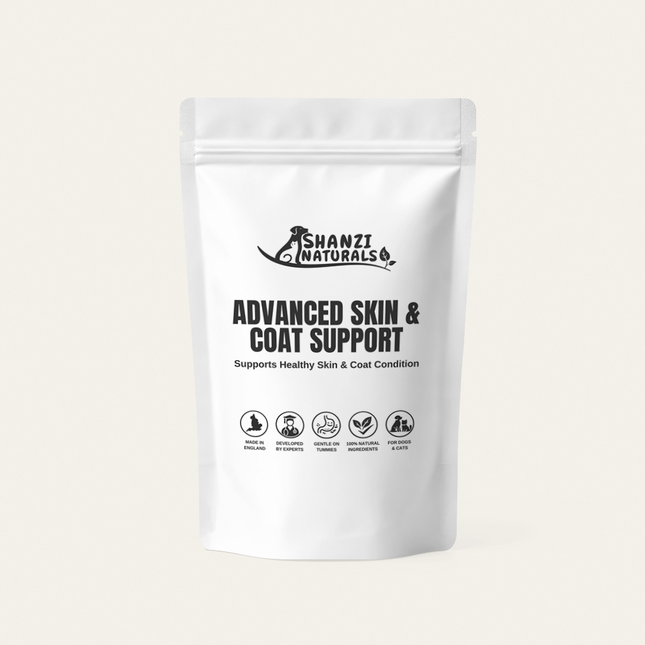 White packaging of Shanzi Naturals Advanced Skin & Coat Support on a light beige background