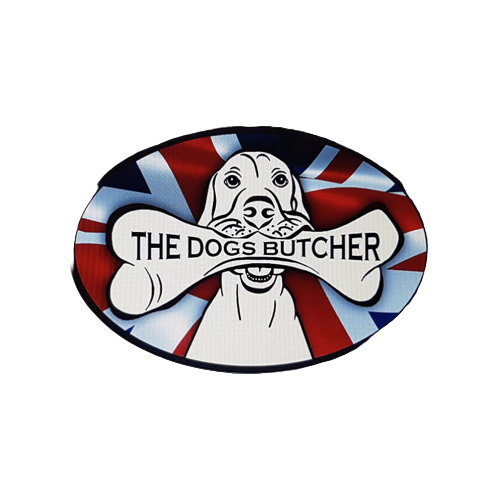 Logo for 'The Dogs Butcher' with a stylized dog and bone design on a black background.