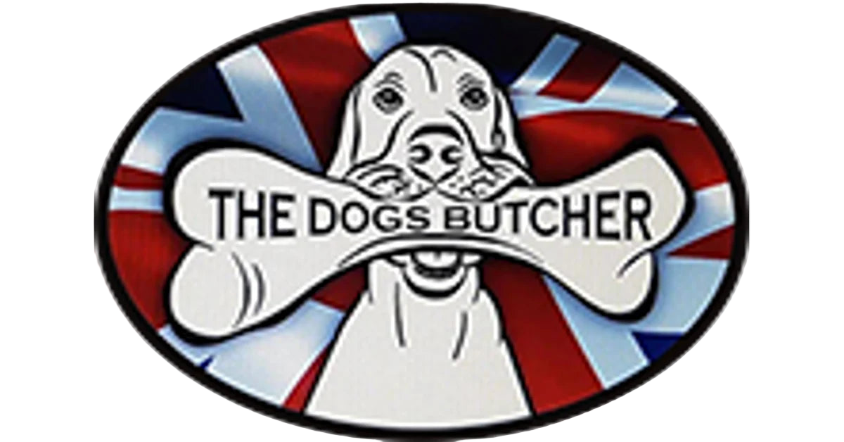 Logo for 'The Dogs Butcher' with a dog holding a bone and British flag design.