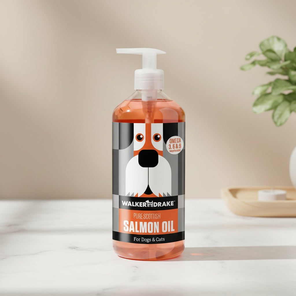 Bottle of Walker & Drake Salmon Oil for dogs and cats on a red background