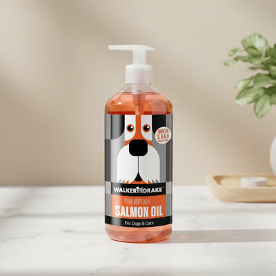 Bottle of Walker & Drake Salmon Oil for dogs and cats on a red background
