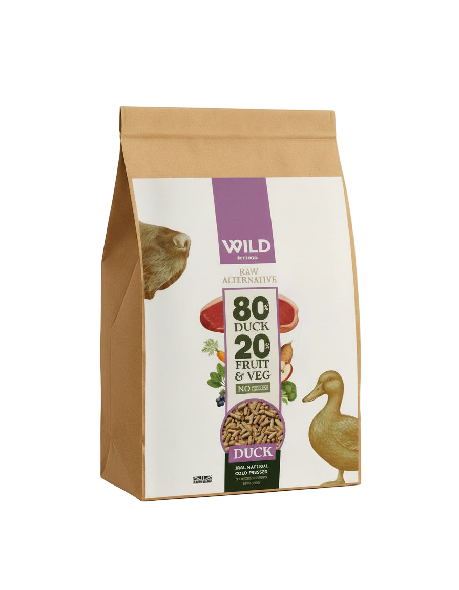 Bag of WILD pet food with duck, fruit, and veggie ingredients on a white background