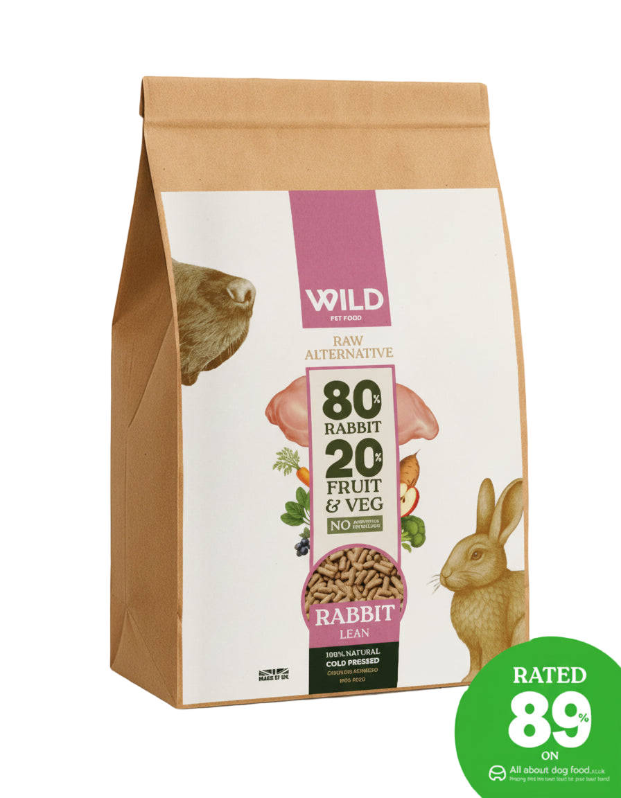 Bag of Wild pet food with rabbit and fruit & veg packaging on a white background
